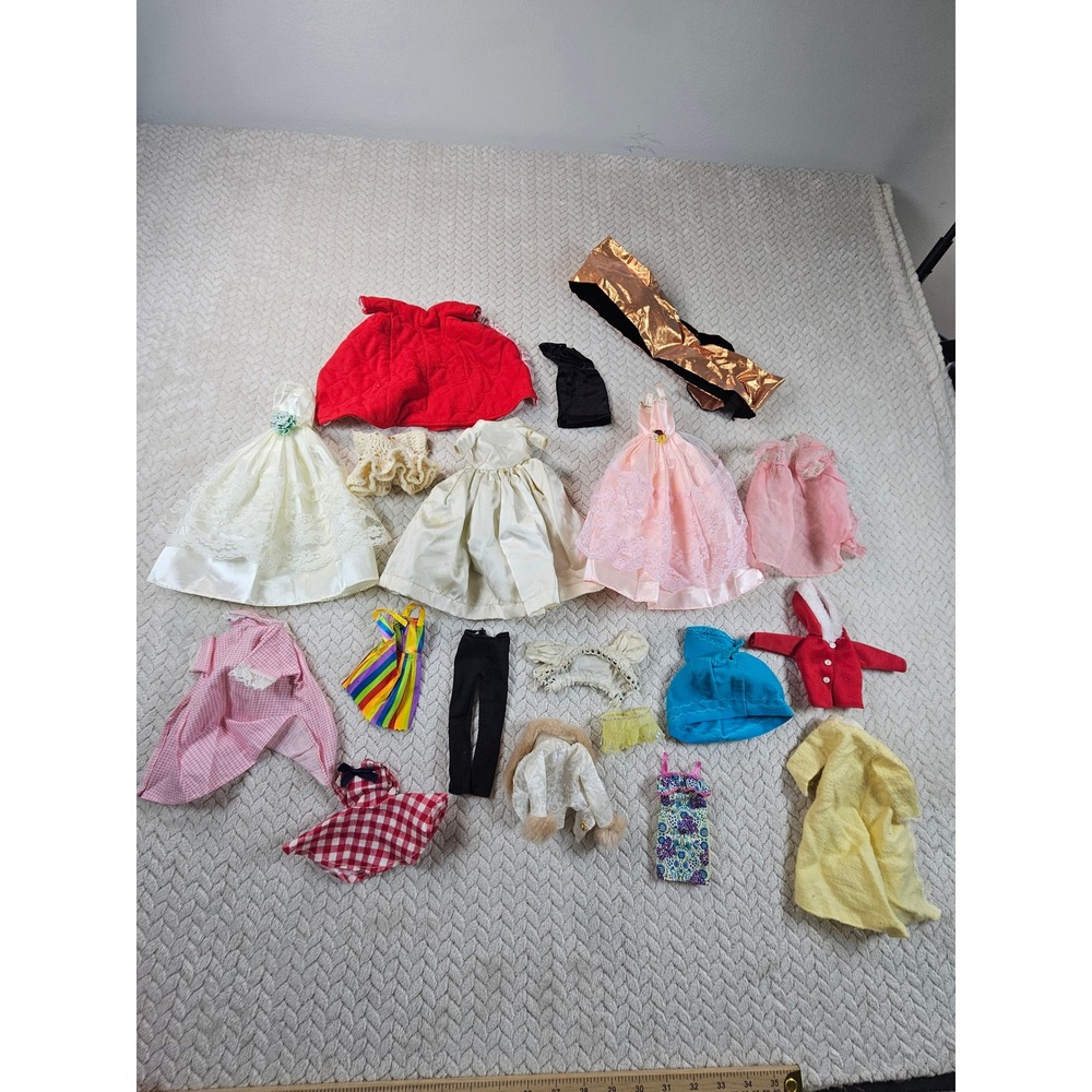 Vintage Barbie Doll Clothes Accessories Lot 19pc Gowns Rainbow Dress Red Jacket